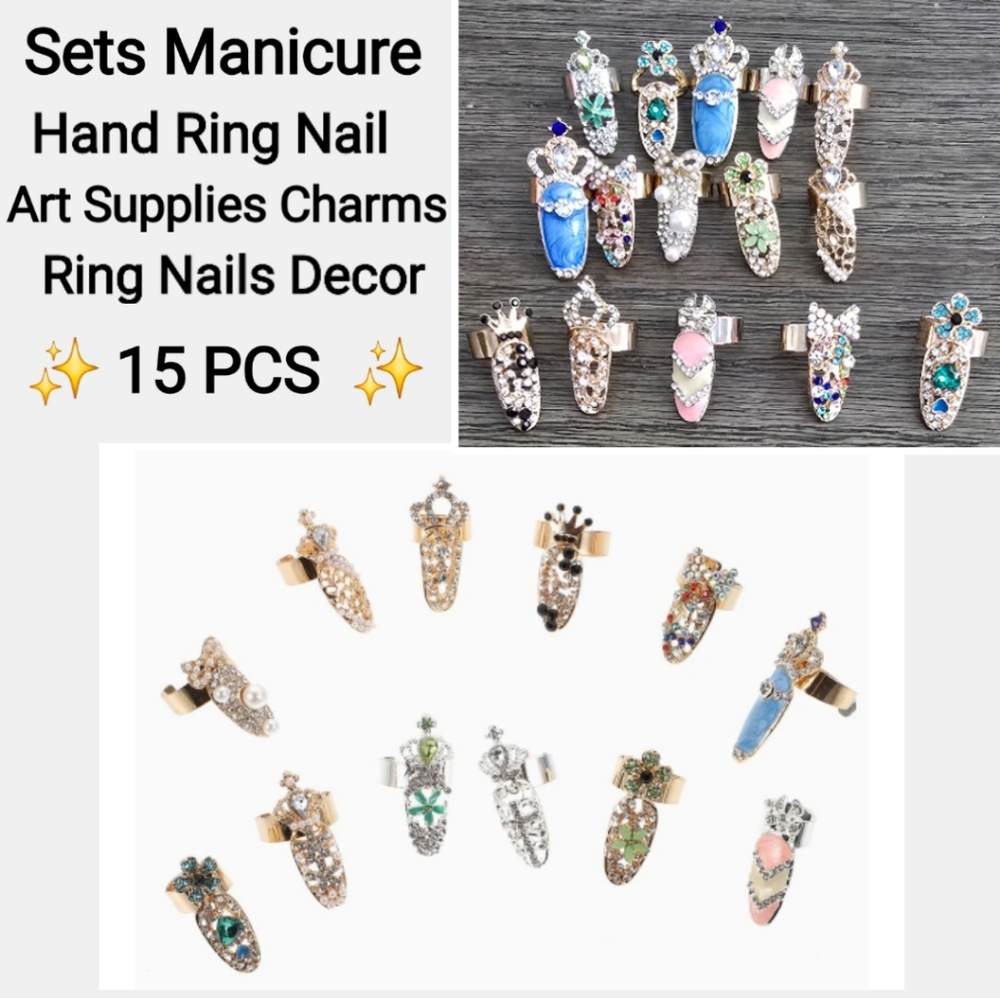 FOMIYES Rhinestone Nail Art Rings, 15 PCS